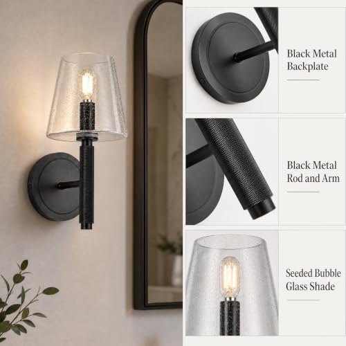 Image of 12 inch Knurled Black Wall Sconces Set of 2,Vintag Bathroom Vanity Light Fixtures with Clear Seeded Glass Shade,Hardwired Lamp Lighting for Bedroom,Living Room,Hallway,Staircase,Mirror
