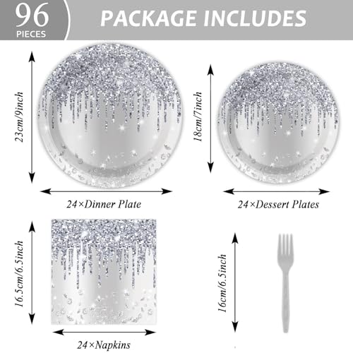 Image of 96 Pieces Silver Glitter Party Tableware Set for Denim and Diamonds Party Decorations Silver Plates and Napkins Forks Glitter Diamonds Theme Birthday Table Decorations for 24 Guests Parties Supplies