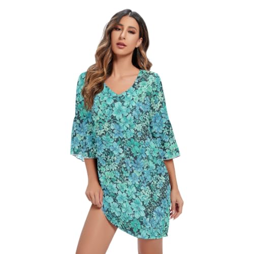 Robe en mousseline de soie de haute qualité col en V bleu sarcelle artistique
