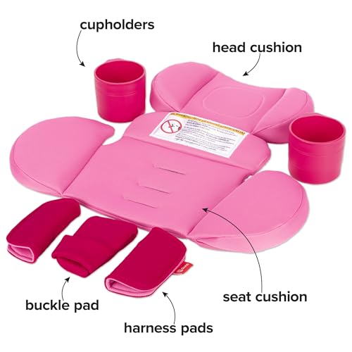 Image of Diono Radian 3R Comfort Travel Kit, Infant Car Seat Accessory, Compatible with Radian 3R, 7-Piece Kit (2 Harness Pads, 1 Buckle Pad, Head Cushion, Seat Cushion, 2 Cupholders), Pink Cotton Candy