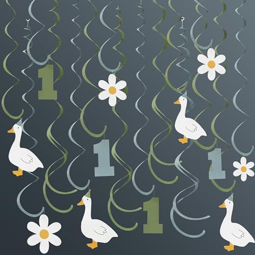 24Pcs Sage Green Dusty Blue One Silly Goose Hanging Swirl Decoration Blue Green Daisy Felt Swirl Streamer Spiral Ceiling Garland for Silly Goose Themed First Birthday Happy 1st Birthday Party Supplies