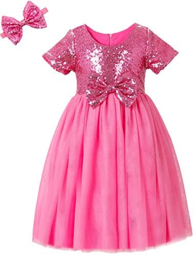 Cilucu Flower Girls Dresses Toddlers Sequin Tutu Dress for Little Girls Pegeant Party Kids Birthday Dress for Wedding Princess Dress Christmas Halloween Dress Pink 6-7 Years Old