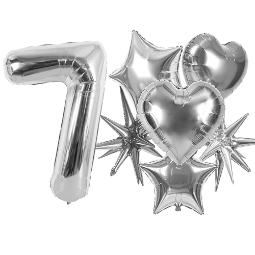 Image of TONIFUL 7th Birthday Balloons Kit 40Inch Silver Large Number 7 Foil Balloon | with 18Inch Helium Mylar Heart Star Balloons for Kids Women Men Birthday Anniversary Graduation New Year Eve Party Decoration