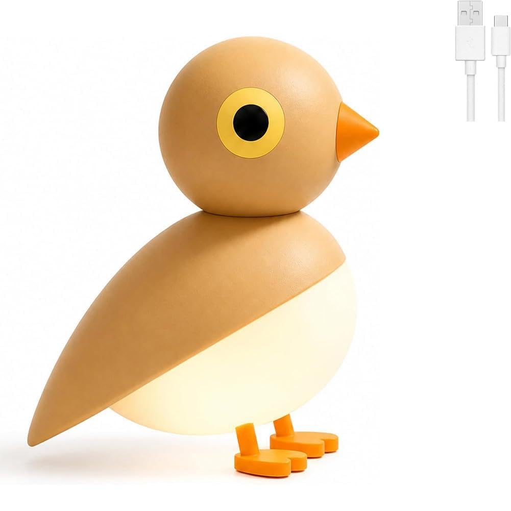 Veilleuse LED en Forme d'oiseau Recharge USB et Minuterie avec Détecteur de Mouvement Lampe de Table sans fil, Lumière Blanche Chaude Lampe pour Chambre d'enfant, Applique Murale avec,Marron