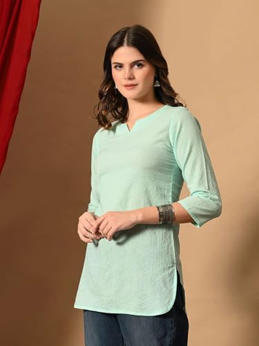 Image of Amazon Brand - Tavasya Women Pure Cotton Katha Plain Short Regular Fit Kurti |Short Top| Solid Casual Tunic