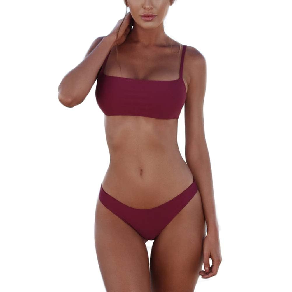 Meioro Bikini Set di costumi da bagno da donna a vita bassa a due pezzi costume da bagno senza bordo perizoma fondo costume da bagno - Rosso - S