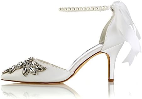 Emily Bridal 18353-4-2 Women's Wedding Shoes Pointed Toe 3.15 Inches Stiletto Heel Satin Pumps with Imitation Pearl Ribbon Tie Crystal Chain Bridal Shoes (EU40/9 B(M) US, Ivory) | Image 1