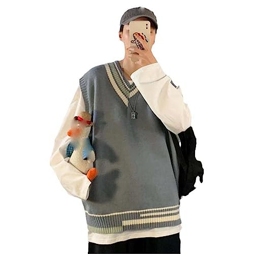 Sweater Vest Men V-Neck Japanese Students High Street Baggy Unisex Male Teens Clothing All-Match Casual Simply