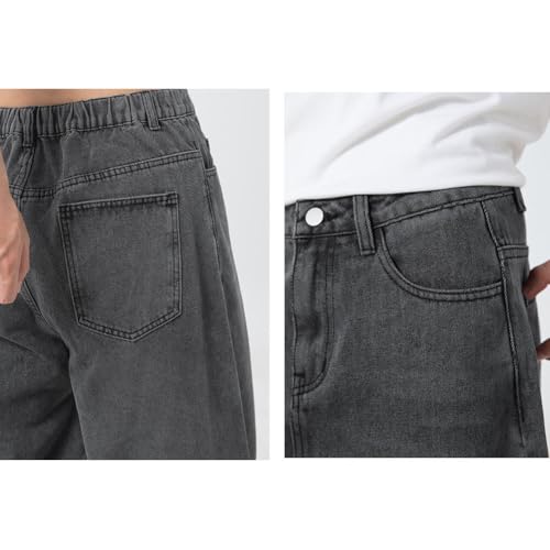 Farm4Far Unisex Wide Leg,Elastic Waistband,Washed, Loose Flat-Front Baggy Jeans4