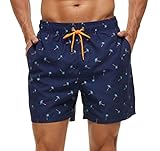 SILKWORLD Men's Swim Trunks Quick Dry Bathing Suit, Beach Shorts with Mesh Lining,Coconut Tree/Navy, Large