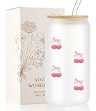 Loihayazea Coquette Cute Glass Cups with Lids and Straws, 16oz Aesthetic Pink Bow Cup, Iced Coffee Cup, Glass Tumbler for Matcha, Smoothie, Gift for Women (Cherry)