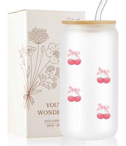 Loihayazea Coquette Cute Glass Cups with Lids and Straws, 16oz Aesthetic Pink Bow Cup, Iced Coffee Cup, Glass Tumbler for Matcha, Smoothie, Gift for Women (Cherry)
