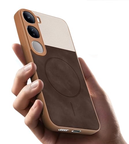 Image of Bintage case Dual-Leather Macc-Safe Design Phone Case| Soft Touch Finish | Full Camera Protectection Back Cover Compatible for Vivo V2416 / vivo Y300 5G - White & Choco Brown