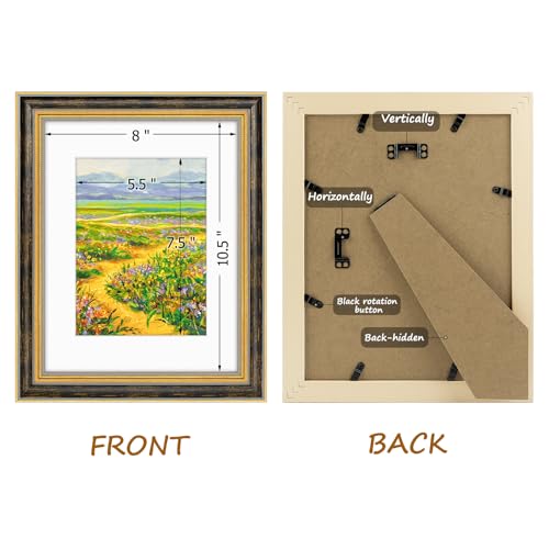 Image of Golden State Art,8.5x11 Ornate Picture Frame Holds 6x8 Photo,Black Gold | Includes plexiglass front,white mat,easel stand,build-in hangers /buttons.Display 6x8 photo.Great for home decor or as a gift