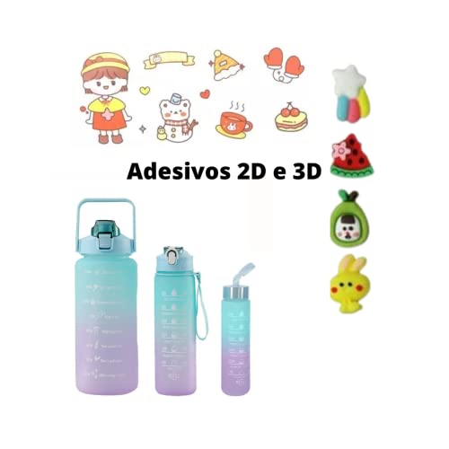 Kit 3 Garrafas 2 Litros 900ml 300ml Garrafas Água Canudo Adesivos 3d e 2d Squeeze Academia Fitness E