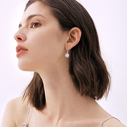 Pink Stone Leverback Earrings 925 Sterling Silver Cat's Eye Stone Dangle Earrings With Cz Heart Drop Dangle Earrings Mother's Day Jewelry Gifts For Women Girls #TOP4