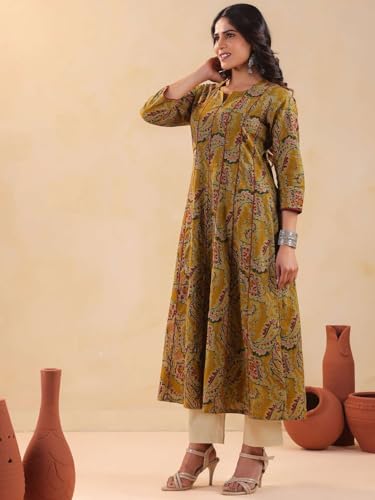 Image of Rimeline Women's Cotton Anarkali Kurta | Printed Flared Ethnic Kurti with 3 /4 Sleeves | Festive & Casual Wear