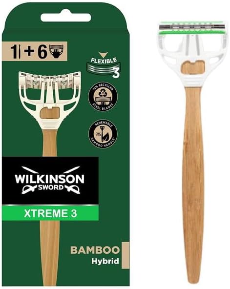 Xtreme 3 Bamboo Hybrid – Renewable Bamboo Razor + 6 Refills with 3 Flexible Blades for a Comfortable and Close Shave