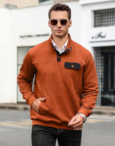 Men's Quilted Sweatshirt Casual Waffle Stand Collar Button Pullover Sweatshirts2