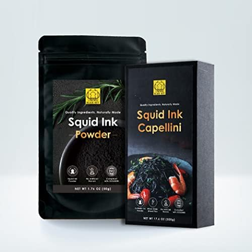Bundle of Black Hut Squid Ink Powder with Squid Ink Pasta, Skinny Capellini, Natural Ingredients, Spaghetti for Adult and Children, Contains Molluscs, Food Coloring for Rice Noodles Pasta