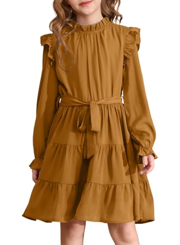 blibean Girls Long Sleeve Fall Dresses Tween Casual Ruffled Swing Formal Dressses Belt Size 6-15 Years