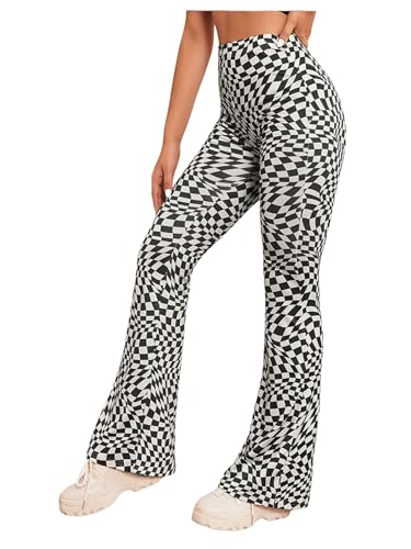 WDIRARA Women's Snakeskin High Waist Casual Flare Bell Bottom Stretch Long Pants Black White Checked L
