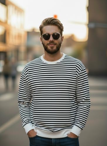 Image of Mack Jonney Men's Black Cotton Full Sleeve T-Shirt | Soft Breathable Casual Wear | Stylish Striped Round Neck Tshirt-JMAK-107