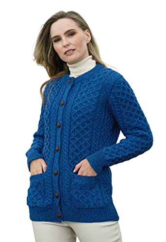 Aran Crafts Irish Ladies Lumber Jacket, 100% Merino Wool, Authentic & Traditional Feel, Classic Sweater-Style Knit Designs, Made In Ireland. (Xp311-Med-Blu) #TOP21