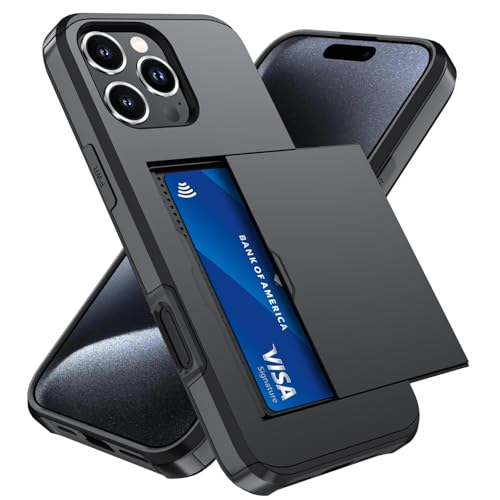 Qinmay Compatible with iPhone 15 Pro Case with Card Holder Dual Layer Shockproof Heavy Duty Protective Hidden Slot Slim Wallet Phone CoverBlack