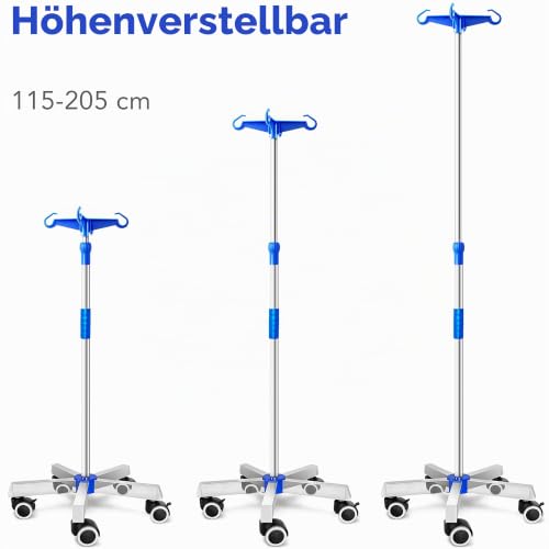 AIESI® Infusionsständer aus EDELSTAHL mit 4 Kunststoffhaken und drehbaren Rädern mit Bremse, Gratis 2 Flaschenhalter 100 ml, Garantie 24 monate