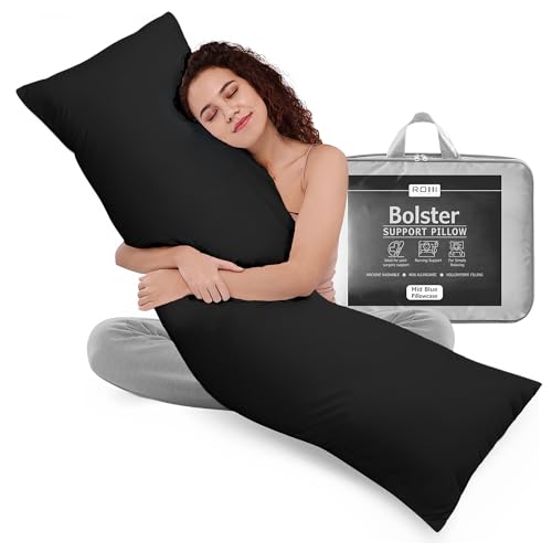 Rohi 6ft Full Body Pillow with Black Pillowcase Cover -Orthopaedic 19"x 72" Super King Bed Size Long Bolster Support Pillow - Maternity Nursing Back & Neck Support Pillows - Side Sleeper Pillow