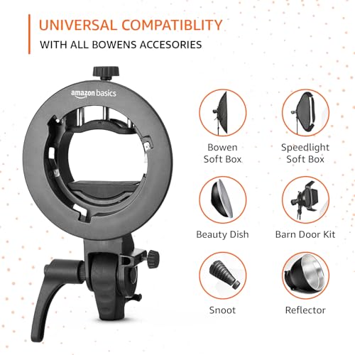 Image of Amazon Basics S2 Bracket | Bowens Mount| Precise Tilt Control | for Speedlite Flash, Barn Door Kit, Softbox, Snoot, Reflector, Beauty Box | Camera Photography & Videography