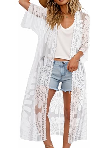 CHICGAL Womens Swimsuit Coverup Lace Bathing Suit Cover Up Beach Kimonos Long Cardigan Open Front Swimwear
