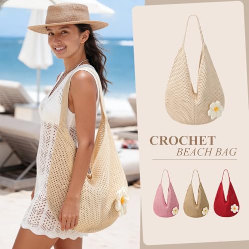 Image of Premillow Crochet Beach Bags for Women, Summer Beach Tote Bag, Mesh Cute Beach Purse, Aesthetic Knit Bag Handbag Shoulder Bag