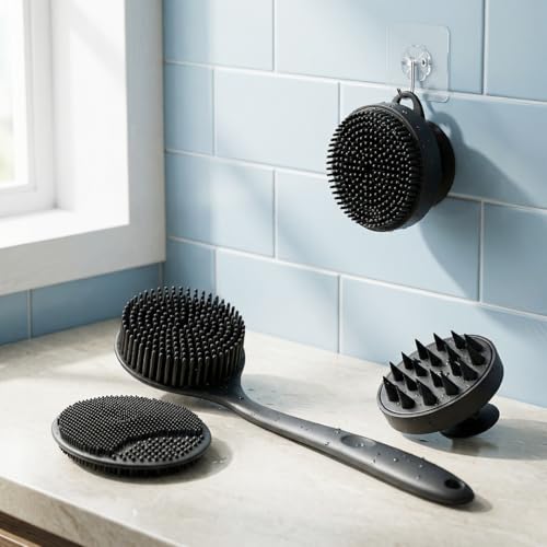 Image of 5 PCS 4-in-1 Silicone Bath Brush Set, Long Handle Back Scrubber, Body & Face Exfoliating Brush, Scalp Massager, Soap Dispensing Shower Brush, Bath Essentials Set For Men & Women with 1 Hook
