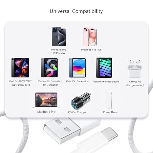 Image of Compatible Car Carplay Cable for Apple 60W USB-C Woven Charger Charging Cord for iPhone 16 15 iPhone 15 Pro Max 15 Plus,AirPods 4, AirPods Pro 2nd,iPad 10th iPad Pro iPad Air USB A to USB C Cable Wire