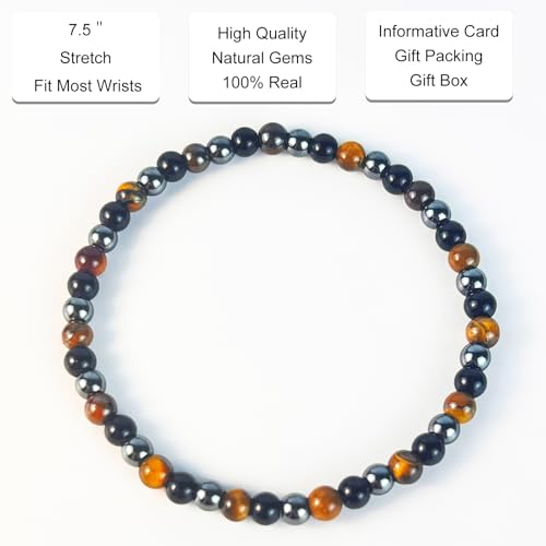 Triple Protection Bracelet for Men & Women - Natural Onyx, Hematite & Tiger Eye Beaded Stretch Bracelet, Handmade Healing Gemstone Jewelry, 4mm Elastic Energy Beads, Spiritual Gift with Box4
