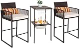 Sundale Outdoor 3 Pieces Wicker Bar Furniture Set for 2, Patio Stools and Bar Set with Glass Holder & Ice Bucket, Counter and 2 Pub Stools, High Top Bistro Dining Set, Brown Rattan and Beige Cushions