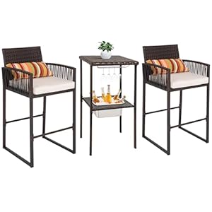 Sundale Outdoor 3 Pieces Wicker Bar Furniture Set for 2 Patio Stools and Bar Set with Glass Holder Ice Bucket Counter and 2 Pub Stools High Top Bistro Dining Set Brown Rattan and Beige Cushions