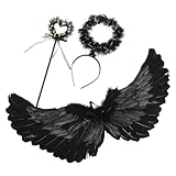 FRCOLOR Diadema de Ángel para Cosplay Infantil, Alas de Plumas Negras Talla Pequeña, Accesorio de Disfraz para Fiestas, Fotografía y Actuaciones, Set de 3 Piezas Ligero y Cómodo