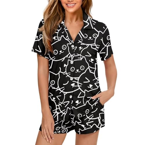 Image of Women's Short Sleeve Sleepwear Button 2 Piece Plus Size Pajamas Casual Soft Stretchy Funny Nightwear with Pockets