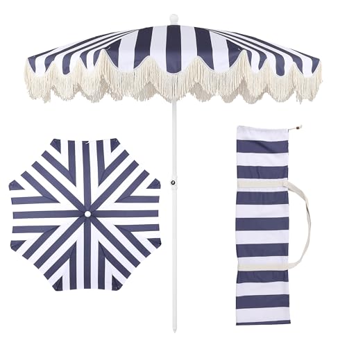 JONATHAN Y Mariner 6.5 ft. Beach Umbrella, Navy/White Striped with Fringe, Push-Button Tilt, UPF 50+ Sun Protection and Carrying Bag for Patio and Pool, White Pole UMB1003N