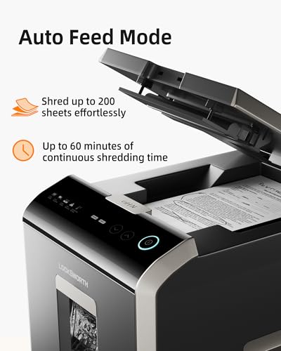 201-sheet auto feed micro-cut paper shredder p-5 high security 85 gallon bin 60-min run 10-sheet manual feed with casters