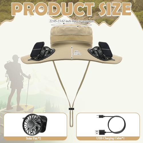Berlune Men Sun Hat with 2 Solar Fan Fishing Wide Brim Sun Hat for Beach Outdoor Summer Camping, USB & Solar Powered(Khaki,Simple)