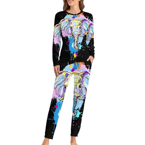 Pyjama femme Eléphant Mignon avec t-shirt manches longues et pantalon de nuit confortable