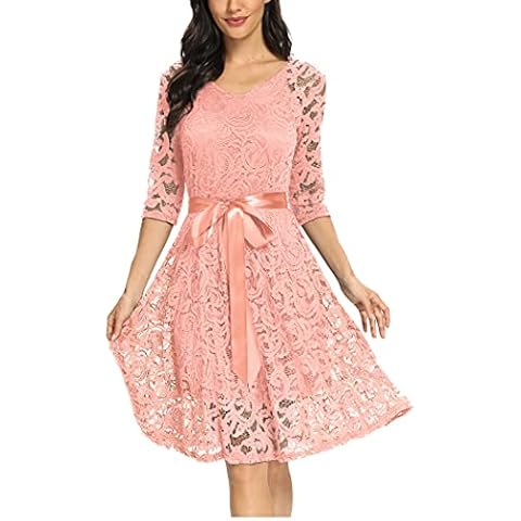 Women's Elegant Round Neck Wedding Guest 3/4 Sleeve Floral Lace A-Line Cocktail Flattering Lace Dress (Pink, 961A1A S) Cover