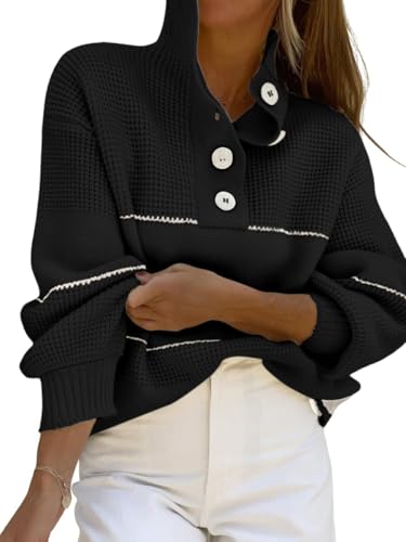 Image of utcoco Womens 2025 Waffle Knit Sweater Striped Knit Tops Polo Collared Long Sleeve Pullover Sweaters