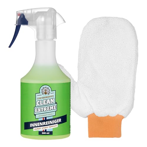 CLEANEXTREME Auto Innenraum Reiniger Set | 500ml Spray + Mikrofaser-Reinigungshandschuh | Innenreiniger pH neutral für Kunststoff Gummi Aluminium Holz Acrylglas Polycarbonat und vieles mehr