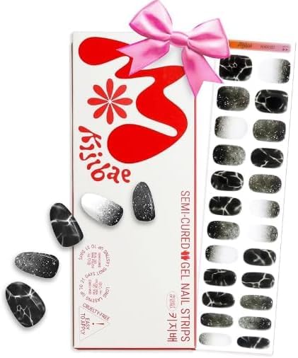 Kijibae Semi Cured Gel Polish Strips | 24pc UV LED Required Wraps | Gift Peel and Stick Nails | Coquette DIY Home Manicure | Press On Alternative (