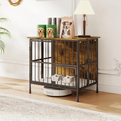 Hadulcet Foldable Dog Crate Furniture, 27.55” Small Indoor Dog Kennel with Storage Top, Wooden Dog Crate Table for Small to Medium Dogs, Furniture Style Dog Cage with 2 Bowls, Rustic Brown by Hadulcet - Image 2